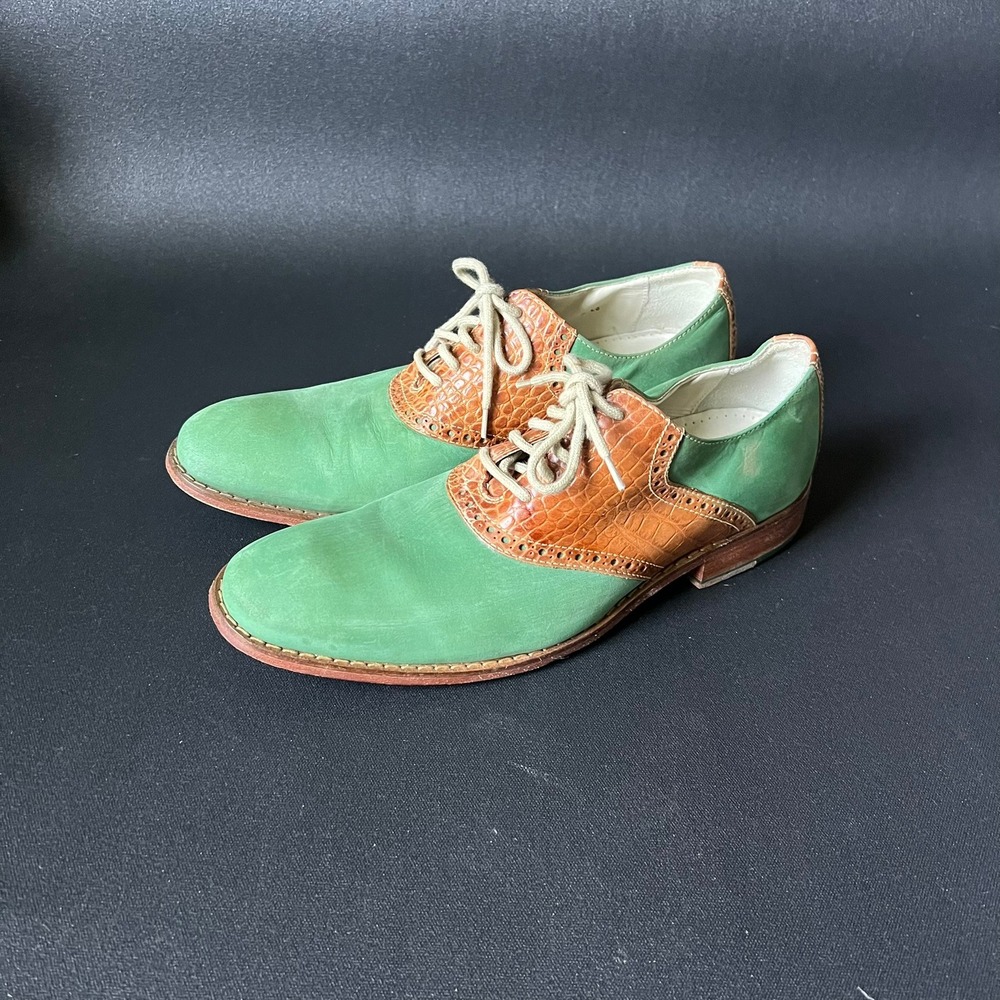 Cole Haan Mens 9.5 Green Suede Brown Croc Saddle Oxford Shoes Preppy Ivy League